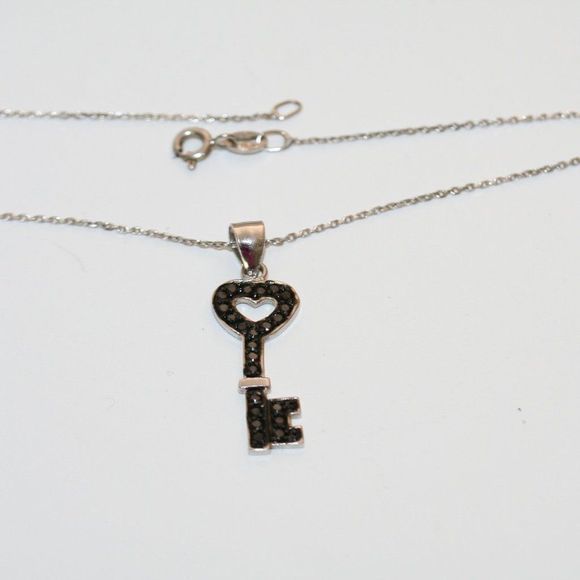 Sterling Silver Sparkling Black Key Necklace Italy - Picture 4 of 6